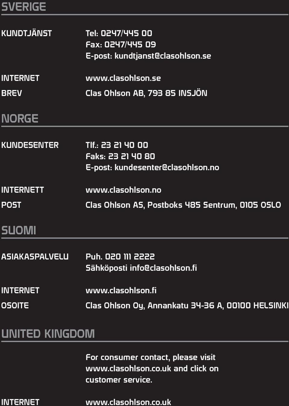 020 111 2222 Sähköposti info@clasohlson.fi Internet OSOITE www.clasohlson.fi Clas Ohlson Oy, Annankatu 34-36 A, 00100 HELSINKI UNITED KINGDOM For consumer contact, please visit www.