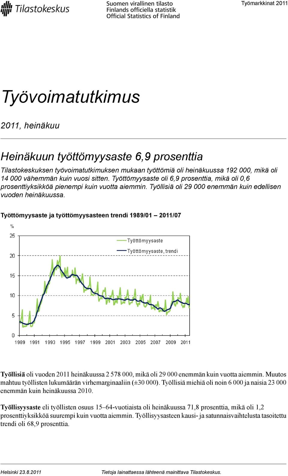 Työttömyysaste ja työttömyysasteen trendi 1989/01 Työllisiä oli vuoden 2011 heinäkuussa 2 578 000, mikä oli 29 000 enemmän kuin vuotta aiemmin.