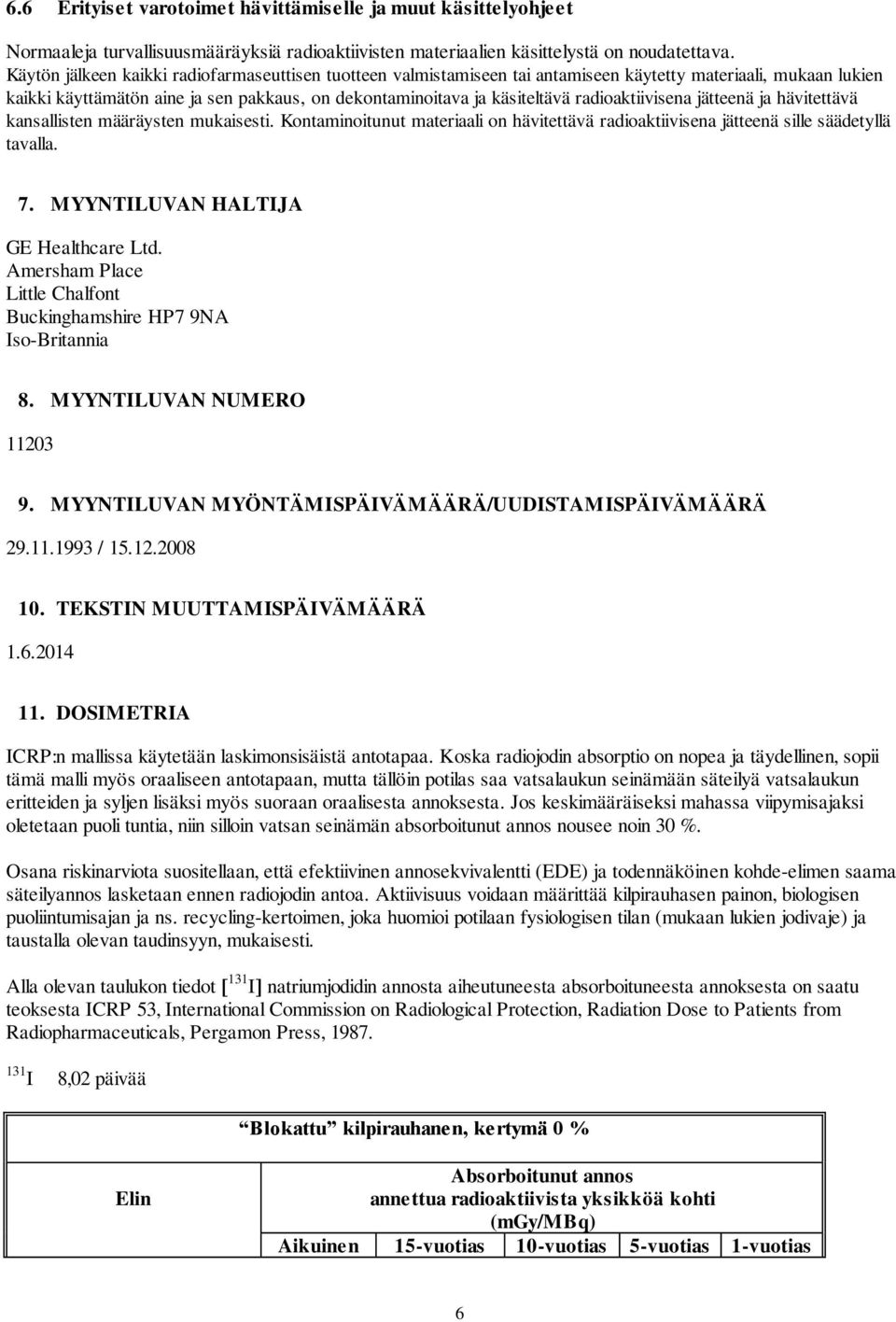 radioaktiivisena jätteenä ja hävitettävä kansallisten määräysten mukaisesti. Kontaminoitunut materiaali on hävitettävä radioaktiivisena jätteenä sille säädetyllä tavalla. 7.