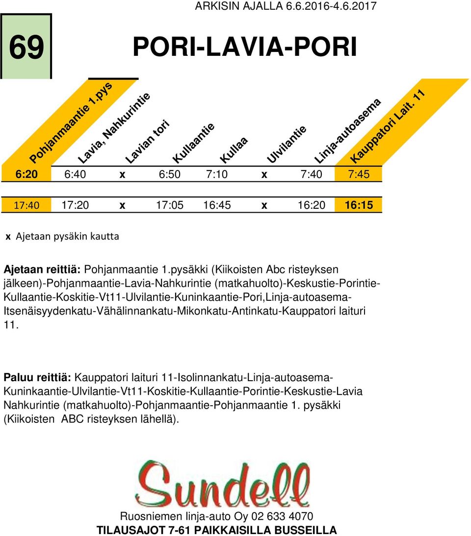 pysäkki (Kiikoisten Abc risteyksen jälkeen)-pohjanmaantie-lavia-nahkurintie (matkahuolto)-keskustie-porintie- Kullaantie-Koskitie-Vt11-Ulvilantie-Kuninkaantie-Pori,Linja-autoasema-