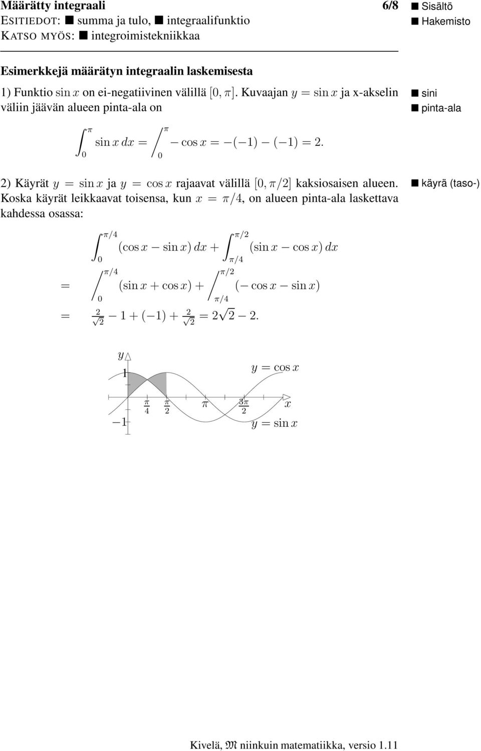 2) Käyrät y =sinxj y =cosxrjvt välillä [,π/2] kksiosisen lueen.