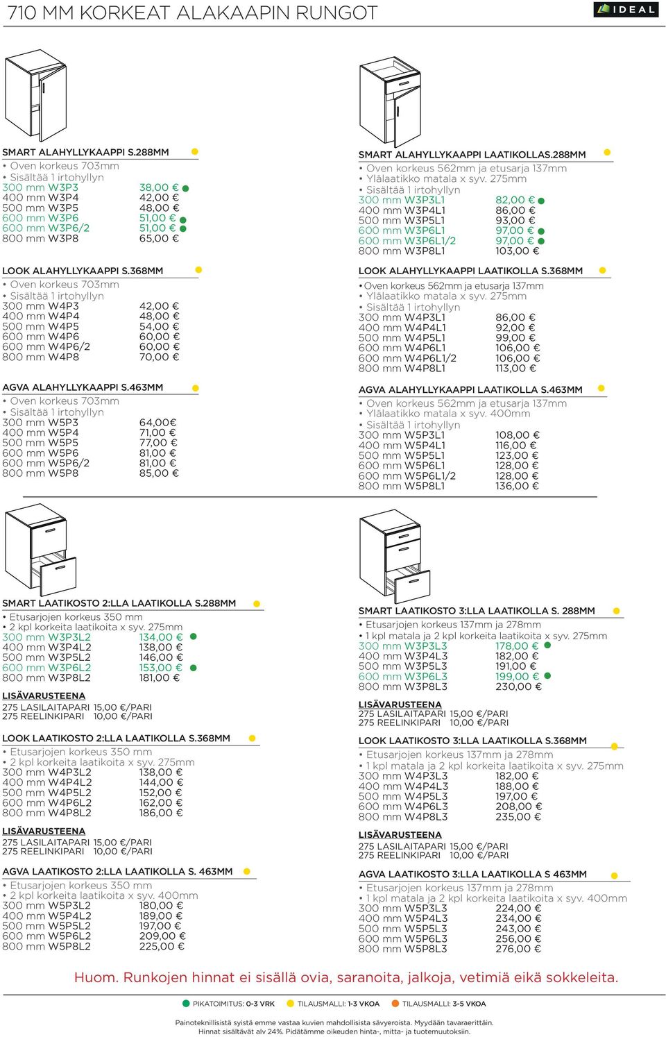 463MM Oven korkeus 703mm 300 mm W5P3 64,00 400 mm W5P4 71,00 500 mm W5P5 77,00 W5P6 81,00 W5P6/2 81,00 800 mm W5P8 85,00 SMART ALAHYLLYKAAPPI S.