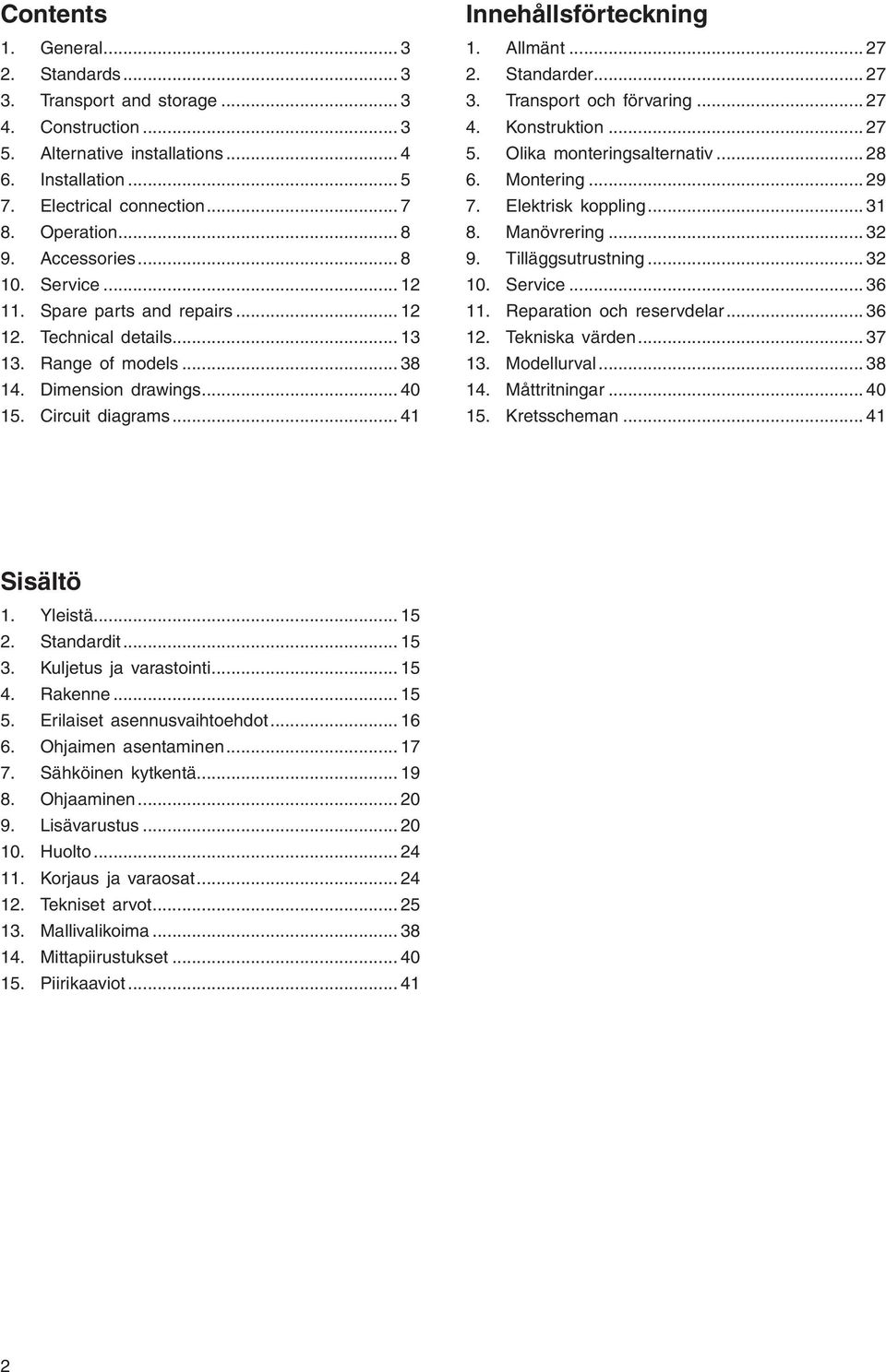 Allmänt... 27 2. Standarder... 27 3. Transport och förvaring... 27 4. Konstruktion... 27 5. Olika monteringsalternativ... 28 6. Montering... 29 7. Elektrisk koppling... 31 8. Manövrering... 32 9.