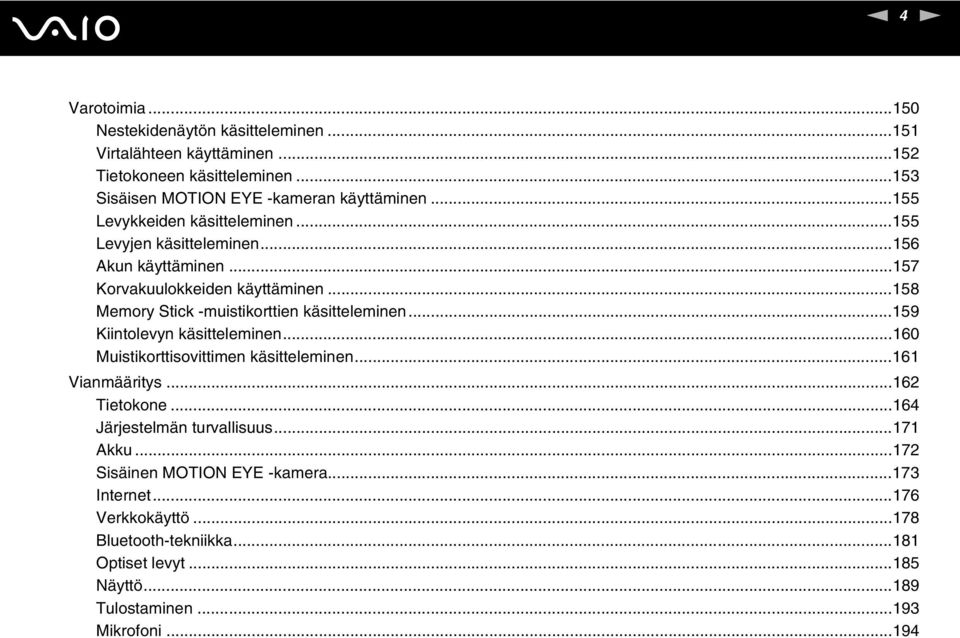 ..158 Memory Stick -muistikorttien käsitteleminen...159 Kiintolevyn käsitteleminen...160 Muistikorttisovittimen käsitteleminen...161 Vianmääritys...162 Tietokone.