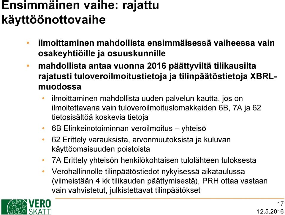 tietosisältöä koskevia tietoja 6B Elinkeinotoiminnan veroilmoitus yhteisö 62 Erittely varauksista, arvonmuutoksista ja kuluvan käyttöomaisuuden poistoista 7A Erittely yhteisön