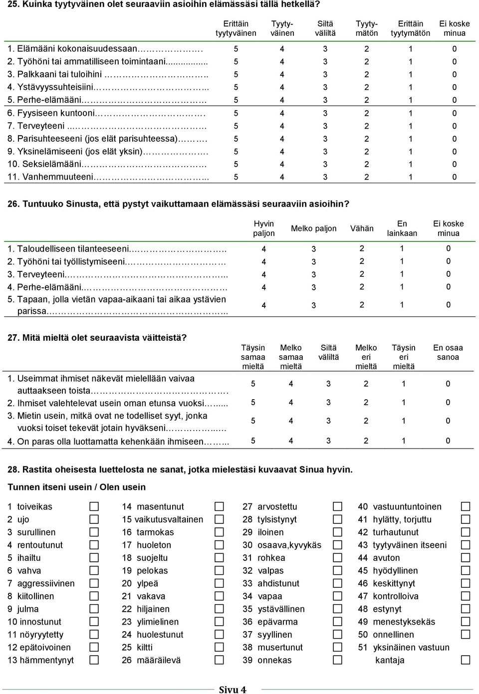 9. Yksinelämiseeni (jos elät yksin). 10. Seksielämääni 11. Vanhemmuuteeni... minua 26. Tuntuuko Sinusta, että pystyt vaikuttamaan elämässäsi seuraaviin asioihin?