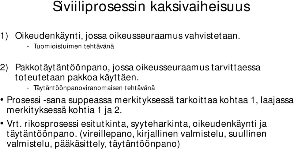 - Täytäntöönpanoviranomaisen tehtävänä Prosessi -sana suppeassa merkityksessä tarkoittaa kohtaa 1, laajassa merkityksessä