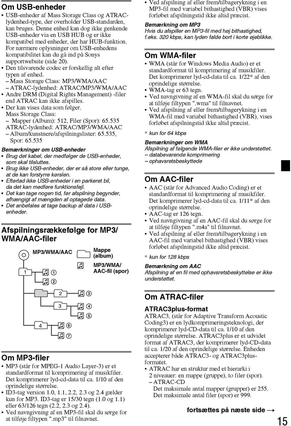 For nærmere oplysninger om USB-enhedens kompatibilitet kan du gå ind på Sonys supportwebsite (side 20). Den tilsvarende codec er forskellig alt efter typen af enhed.