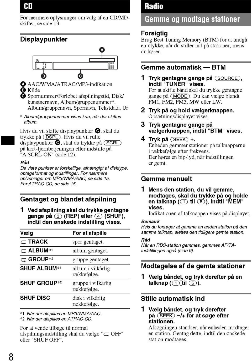 Gemme automatisk BTM A AAC/WMA/ATRAC/MP3-indikation B Kilde C Spornummer/Forløbet afspilningstid, Disk/ kunstnernavn, Album/gruppenummer*, Album/gruppenavn, Spornavn, Tekstdata, Ur *