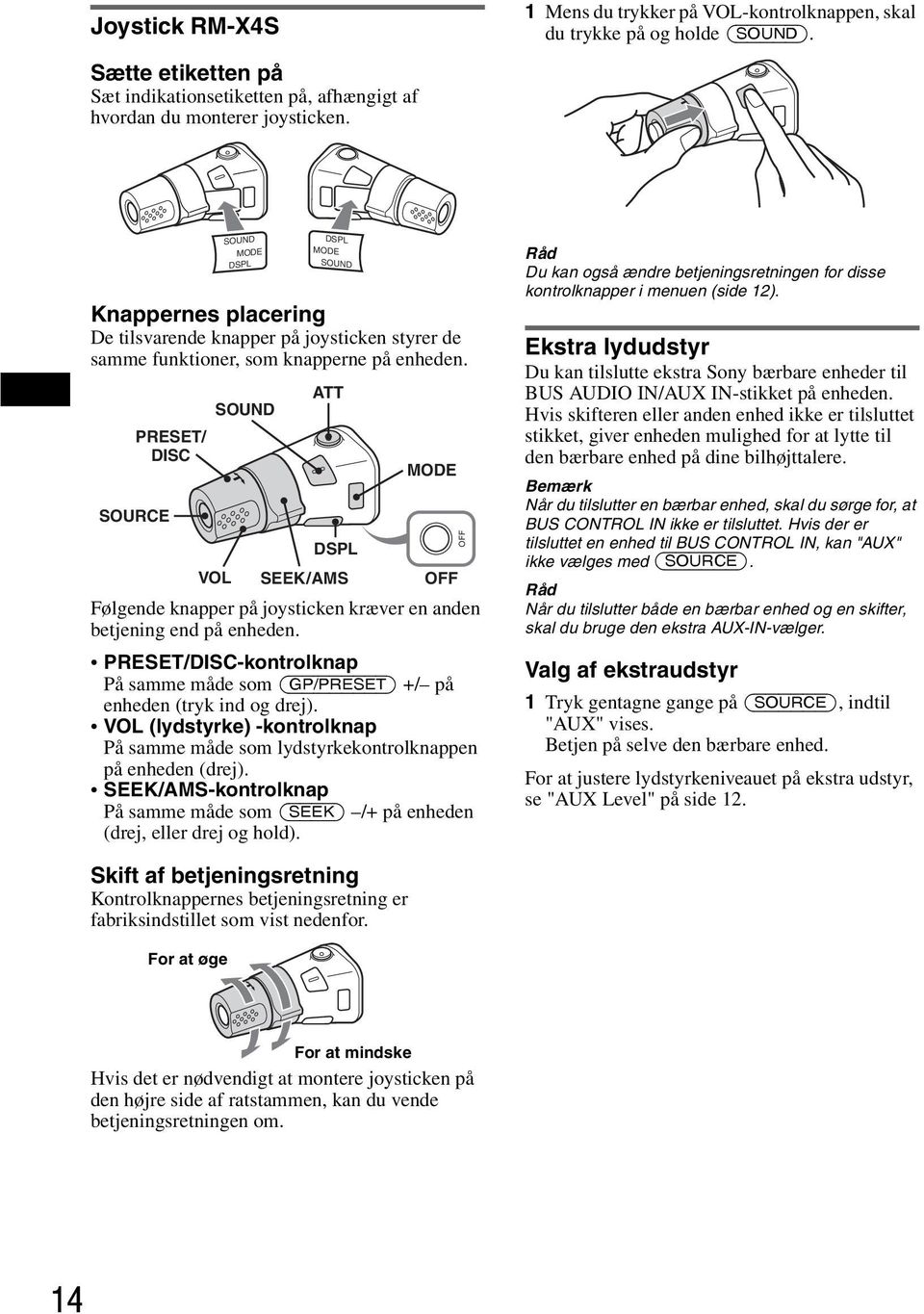 SOURCE PRESET/ DISC VOL SOUND MODE DSPL SOUND DSPL MODE SOUND ATT DSPL SEEK/AMS MODE OFF Følgende knapper på joysticken kræver en anden betjening end på enheden.