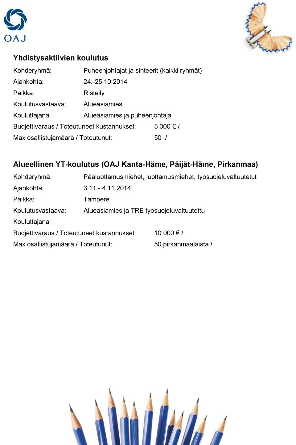 osallistujamäärä / Toteutunut: 50 / Alueellinen YT-koulutus (OAJ Kanta-Häme, Päijät-Häme, Pirkanmaa) Kohderyhmä: Pääluottamusmiehet, luottamusmiehet,