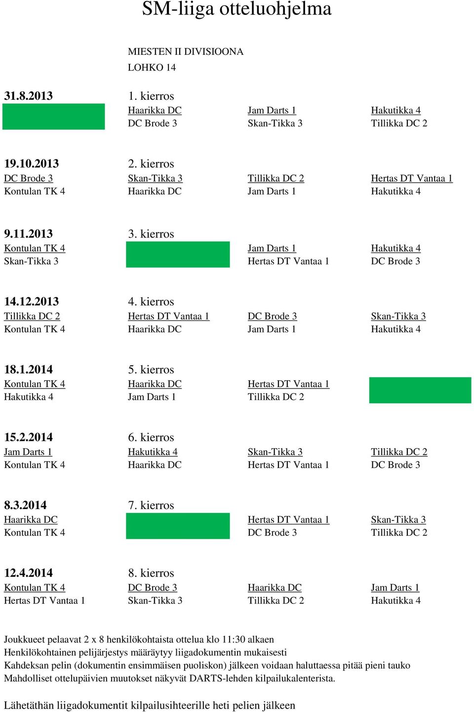 Haarikka DC Hertas DT Vantaa 1 Hakutikka 4 Jam Darts 1 Tillikka DC 2 Jam Darts 1 Hakutikka 4 Skan-Tikka 3 Tillikka DC 2 Kontulan TK 4 Haarikka DC Hertas DT Vantaa 1 DC Brode 3 Haarikka DC Hertas DT