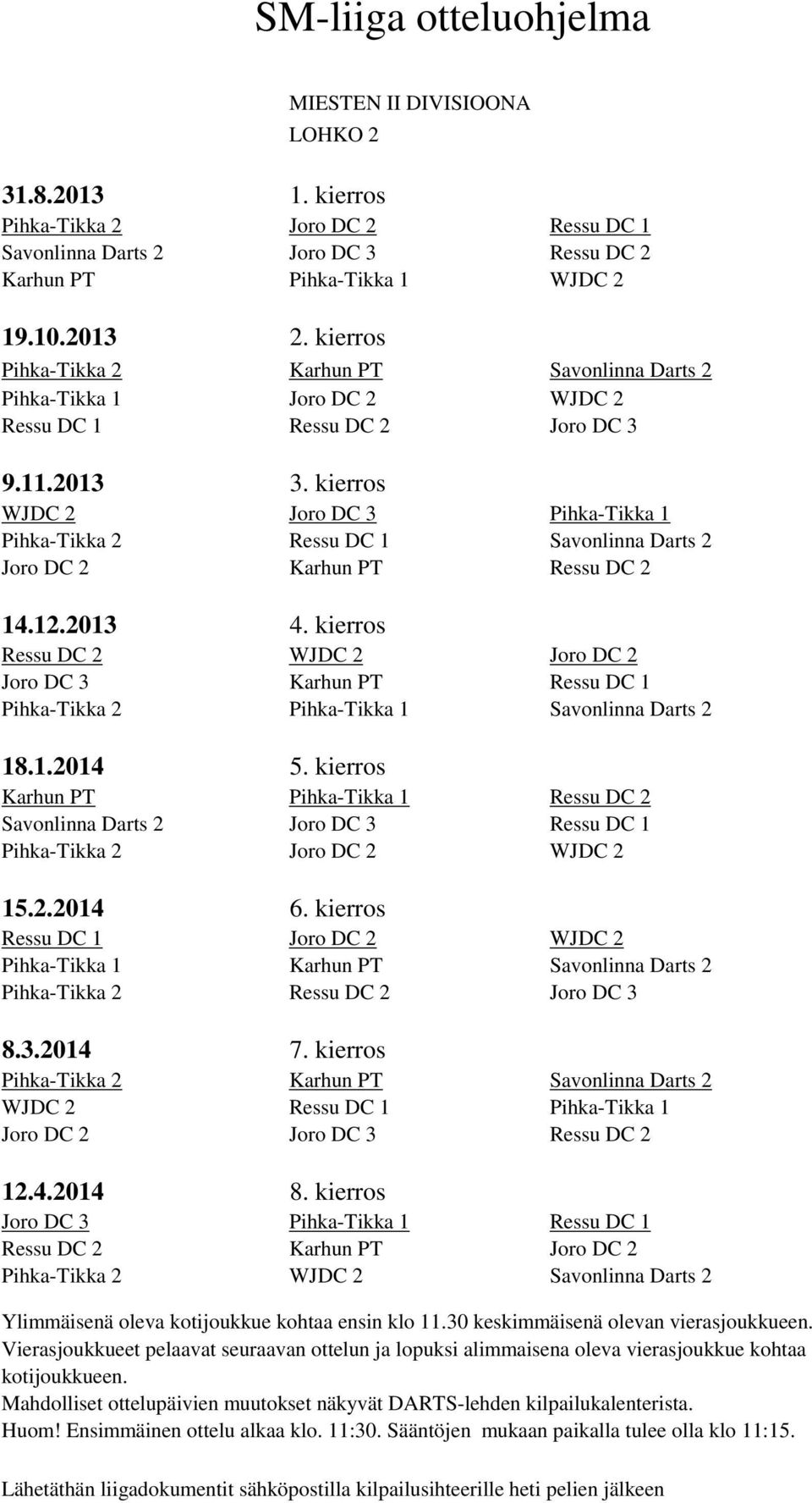 Pihka-Tikka 1 Savonlinna Darts 2 Karhun PT Pihka-Tikka 1 Ressu DC 2 Savonlinna Darts 2 Joro DC 3 Ressu DC 1 Pihka-Tikka 2 Joro DC 2 WJDC 2 Ressu DC 1 Joro DC 2 WJDC 2 Pihka-Tikka 1 Karhun PT