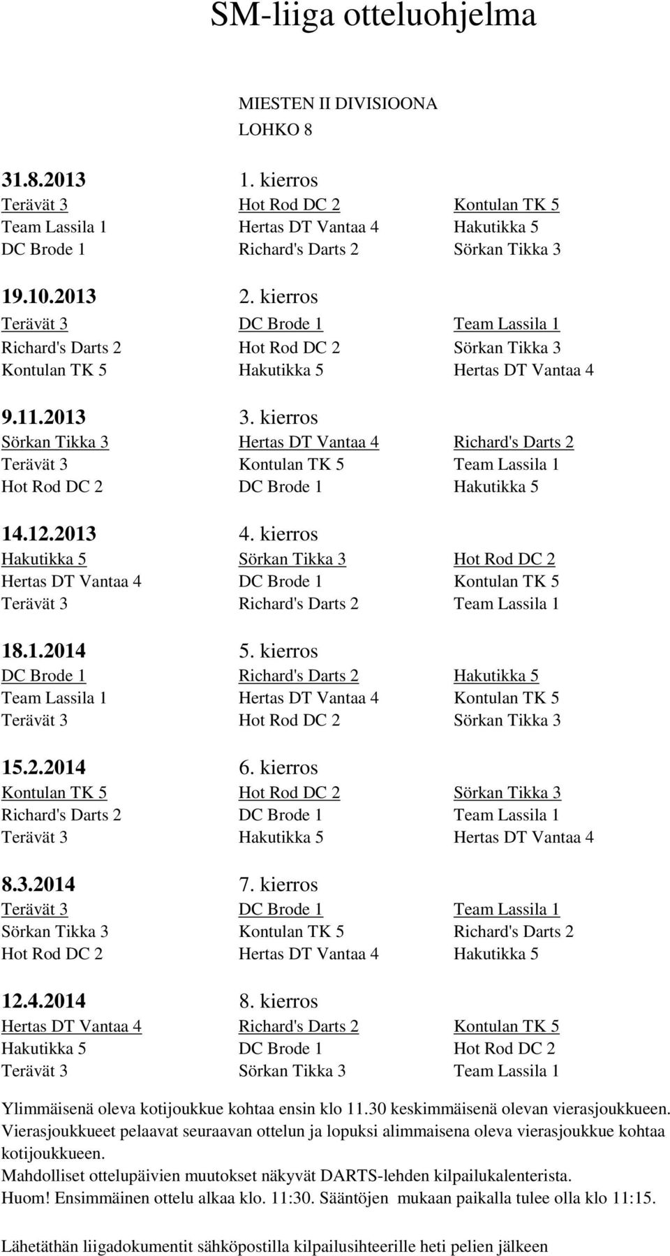 5 Sörkan Tikka 3 Hot Rod DC 2 Hertas DT Vantaa 4 DC Brode 1 Kontulan TK 5 Terävät 3 Richard's Darts 2 Team Lassila 1 DC Brode 1 Richard's Darts 2 Hakutikka 5 Team Lassila 1 Hertas DT Vantaa 4