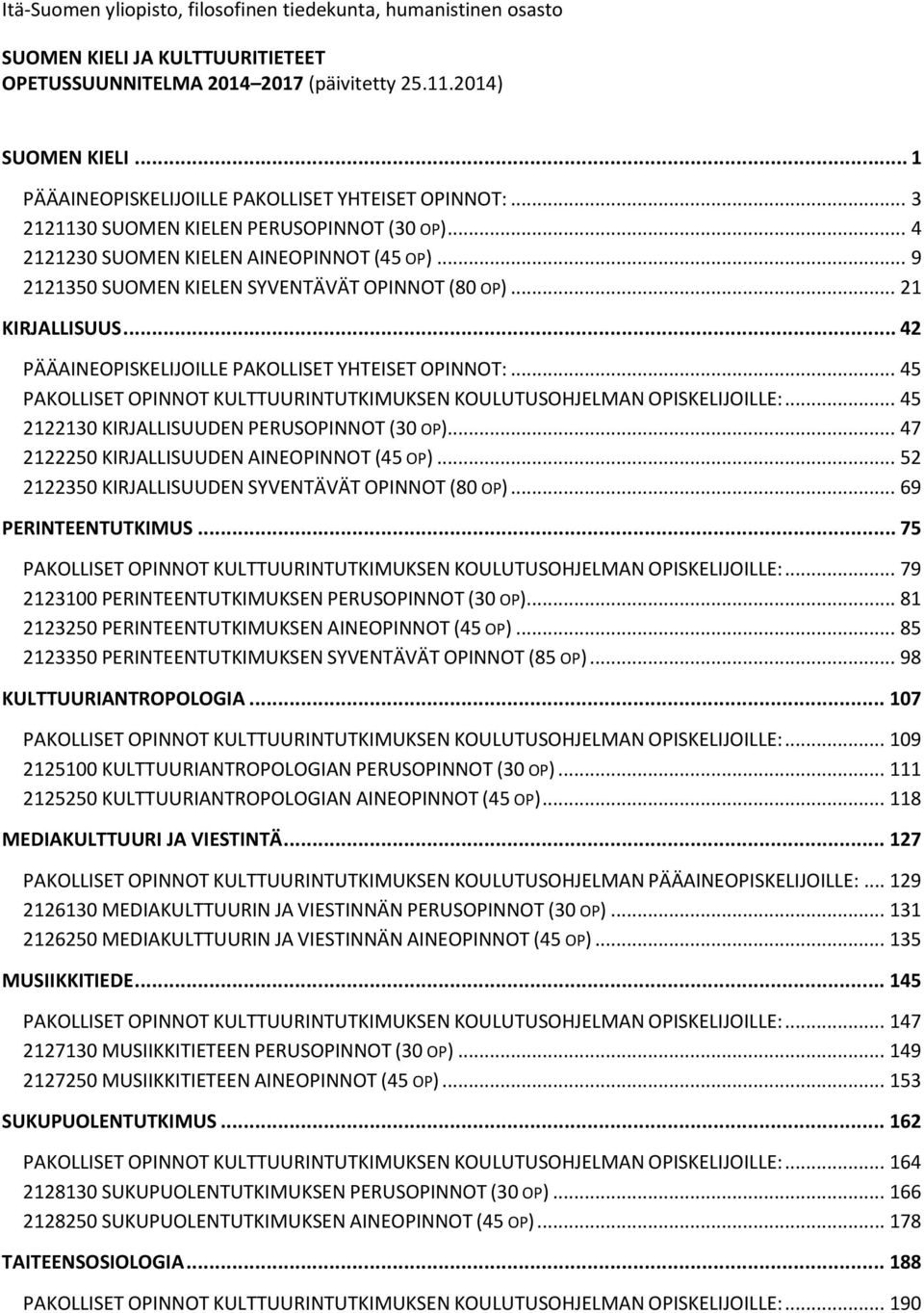 .. 9 2121350 SUOMEN KIELEN SYVENTÄVÄT OPINNOT (80 OP)... 21 KIRJALLISUUS... 42 PÄÄAINEOPISKELIJOILLE PAKOLLISET YHTEISET OPINNOT:.