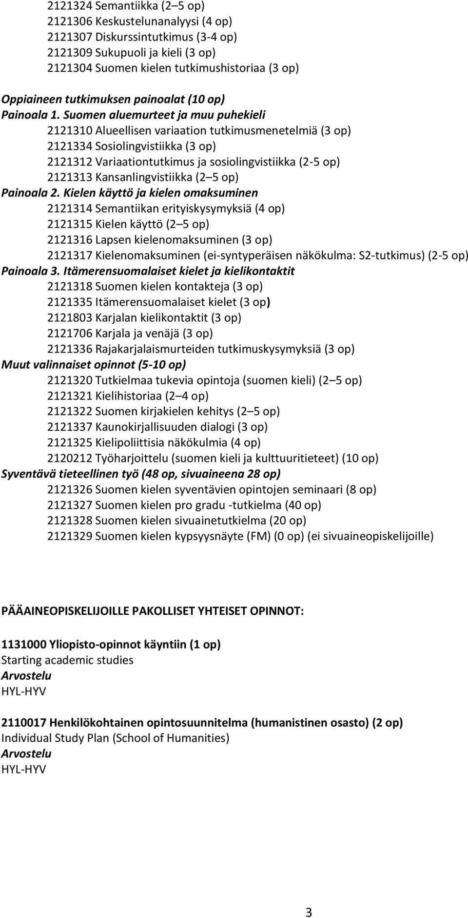 Suomen aluemurteet ja muu puhekieli 2121310 Alueellisen variaation tutkimusmenetelmiä (3 op) 2121334 Sosiolingvistiikka (3 op) 2121312 Variaationtutkimus ja sosiolingvistiikka (2-5 op) 2121313