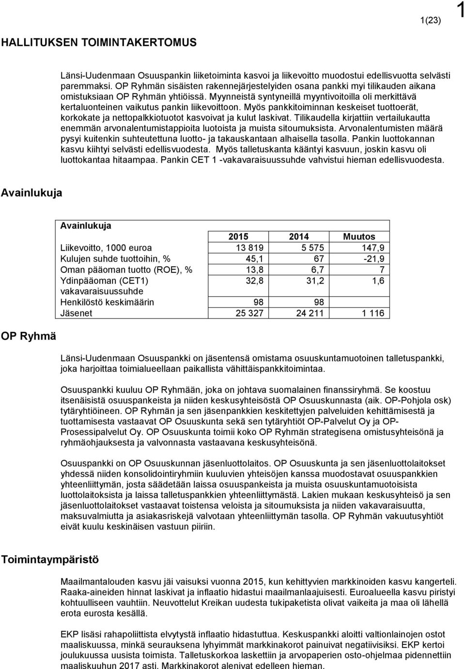 Myynneistä syntyneillä myyntivoitoilla oli merkittävä kertaluonteinen vaikutus pankin liikevoittoon.