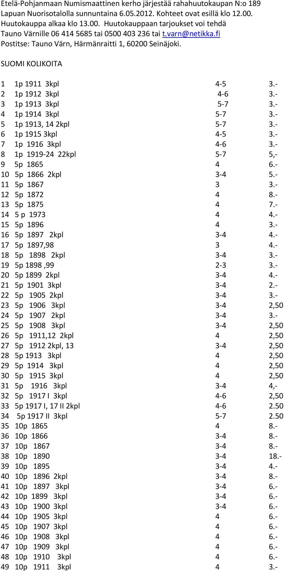 SUOMI KOLIKOITA 1 1p 1911 3kpl 4-5 3.- 2 1p 1912 3kpl 4-6 3.- 3 1p 1913 3kpl 5-7 3.- 4 1p 1914 3kpl 5-7 3.- 5 1p 1913, 14 2kpl 5-7 3.- 6 1p 1915 3kpl 4-5 3.- 7 1p 1916 3kpl 4-6 3.