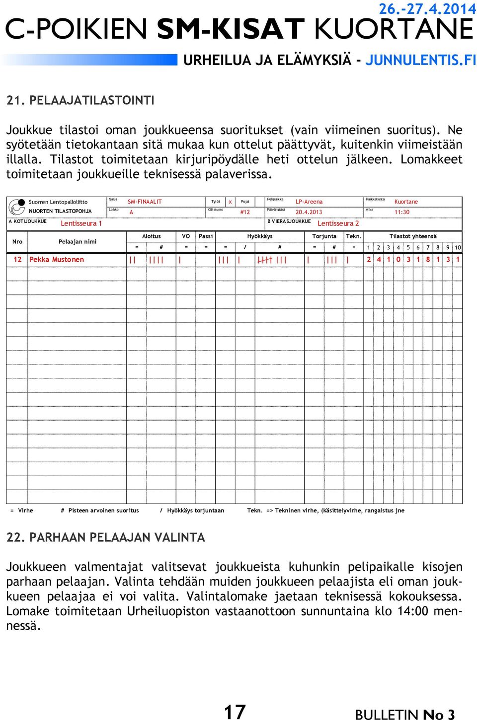 Suomen Lentopalloliitto Sarja SM-FINAALIT Tytöt x Pojat Pelipaikka LP-Areena Paikkakunta Kuortane NUORTEN TILASTOPOHJA Lohko A Ottelunro #12 Päivämäärä 20.4.