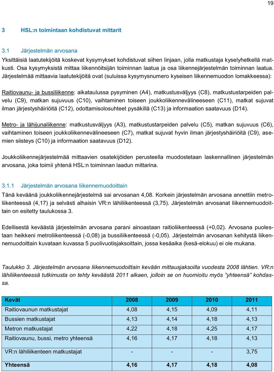 Järjestelmää mittaavia laatutekijöitä ovat (suluissa kysymysnumero kyseisen liikennemuodon lomakkeessa): Raitiovaunu- ja bussiliikenne: aikataulussa pysyminen (A4), matkustusväljyys (C8),