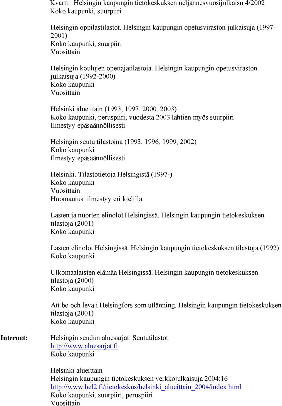 Helsingin kaupungin opetusviraston julkaisuja (1992-2000) Helsinki alueittain (1993, 1997, 2000, 2003), peruspiiri; vuodesta 2003 lähtien myös suurpiiri Helsingin seutu tilastoina (1993, 1996, 1999,