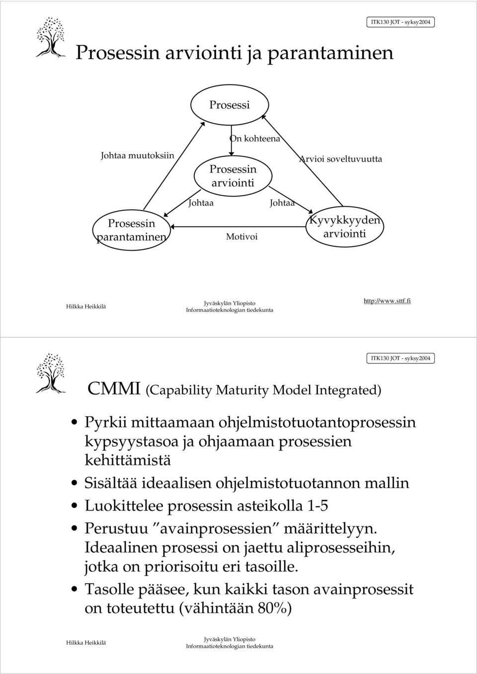 fi CMMI (Capability Maturity Model Integrated) Pyrkii mittaamaan ohjelmistotuotantoprosessin kypsyystasoa ja ohjaamaan prosessien kehittämistä Sisältää