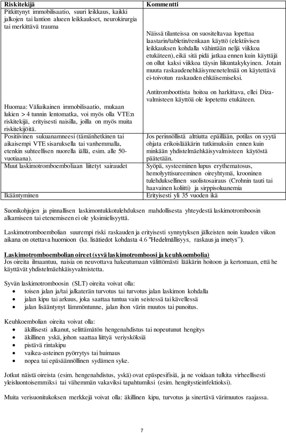 Positiivinen sukuanamneesi (tämänhetkinen tai aikaisempi VTE sisaruksella tai vanhemmalla, etenkin suhteellisen nuorella iällä, esim. alle 50- vuotiaana).