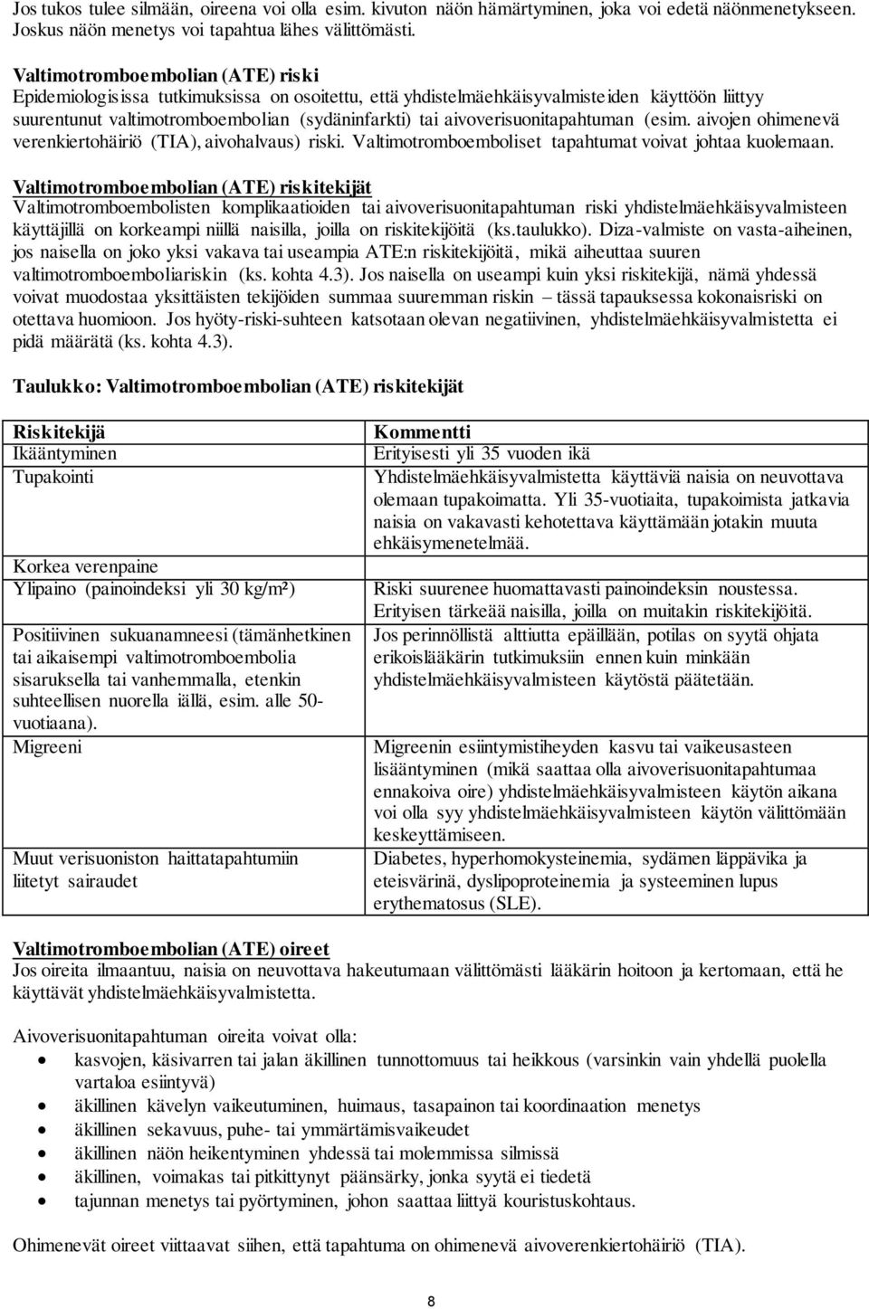 aivoverisuonitapahtuman (esim. aivojen ohimenevä verenkiertohäiriö (TIA), aivohalvaus) riski. Valtimotromboemboliset tapahtumat voivat johtaa kuolemaan.