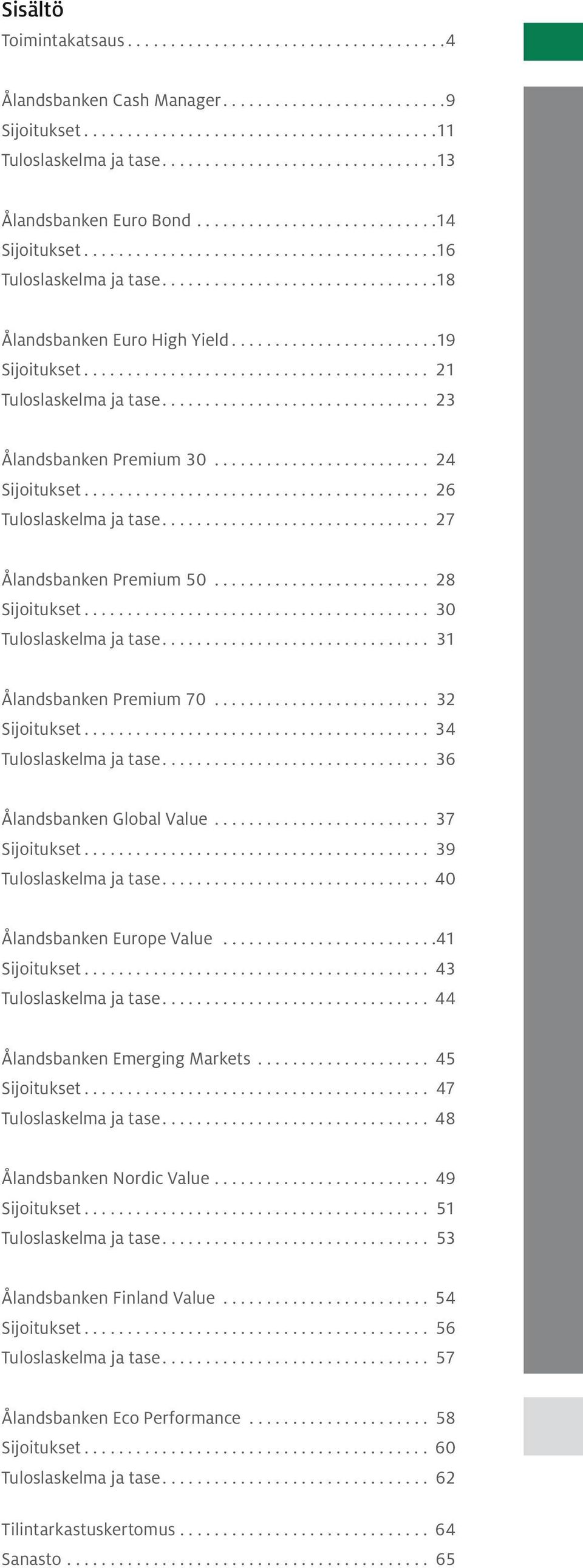 .. 28 Sijoitukset... 30 Tuloslaskelma ja tase.... 31 Ålandsbanken Premium 70... 32 Sijoitukset... 34 Tuloslaskelma ja tase.... 36 Ålandsbanken Global Value... 37 Sijoitukset... 39 Tuloslaskelma ja tase.