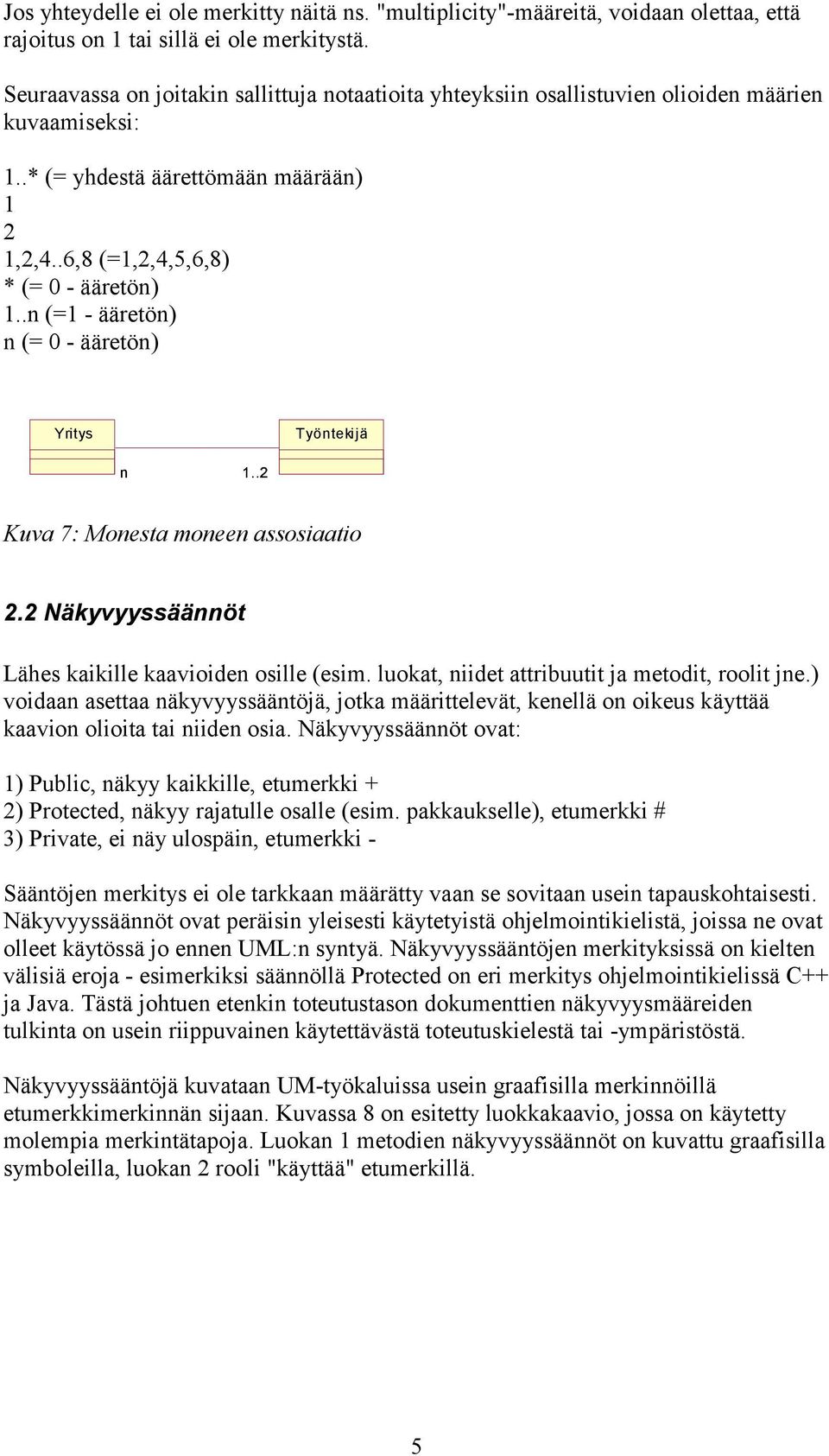 .n (=1 - ääretön) n (= 0 - ääretön) Yritys Työntekijä n 1..2 Kuva 7: Monesta moneen assosiaatio 2.2 Näkyvyyssäännöt Lähes kaikille kaavioiden osille (esim.