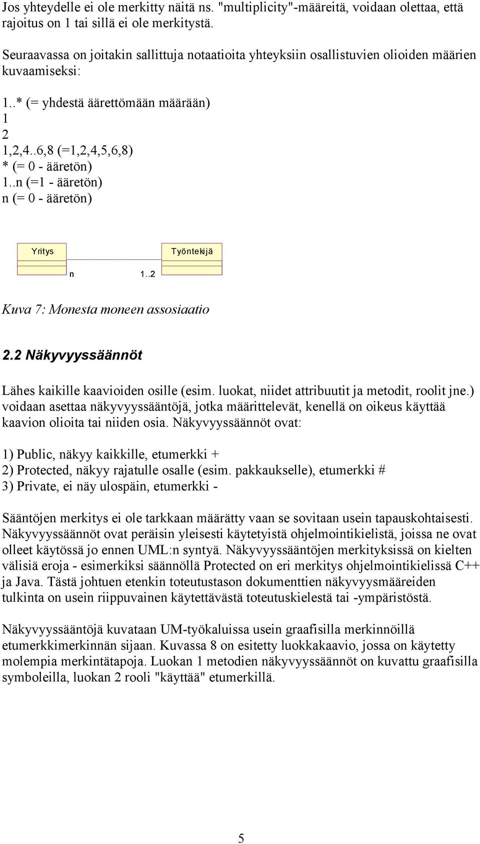 .n (=1 - ääretön) n (= 0 - ääretön) Yritys Työntekijä n 1..2 Kuva 7: Monesta moneen assosiaatio 2.2 Näkyvyyssäännöt Lähes kaikille kaavioiden osille (esim.