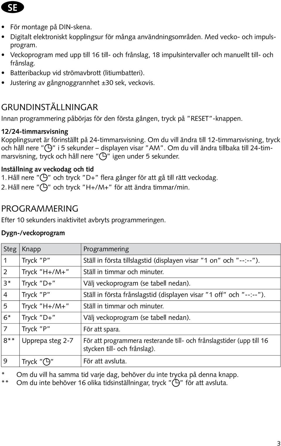 Grundinställningar Innan programmering påbörjas för den första gången, tryck på RESET -knappen. 12/24-timmarsvisning Kopplingsuret är förinställt på 24-timmarsvisning.