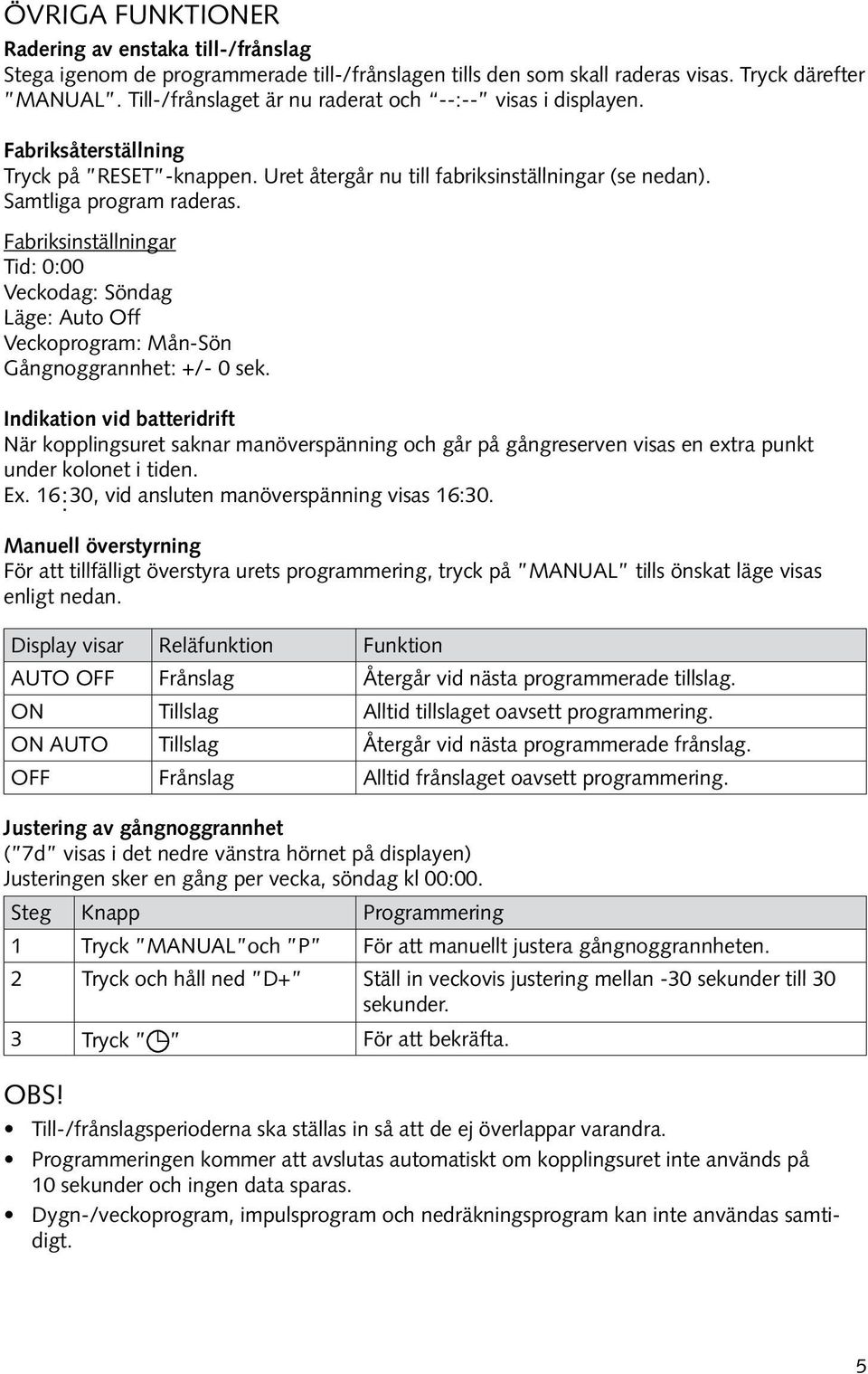 Fabriksinställningar Tid: 0:00 Veckodag: Söndag Läge: Auto Off Veckoprogram: Mån-Sön Gångnoggrannhet: +/- 0 sek.