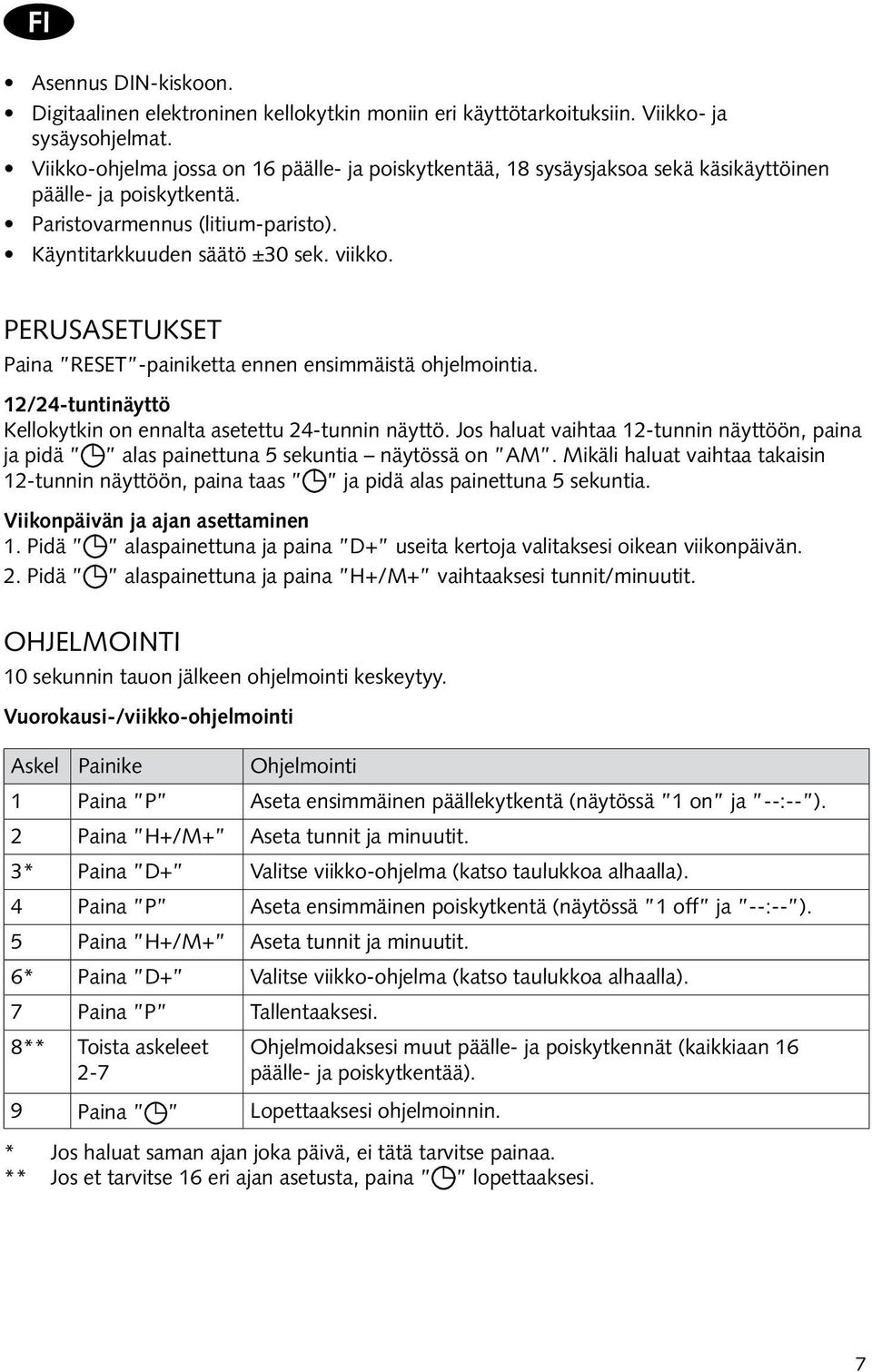 PERUSASETUKSET Paina RESET -painiketta ennen ensimmäistä ohjelmointia. 12/24-tuntinäyttö Kellokytkin on ennalta asetettu 24-tunnin näyttö.