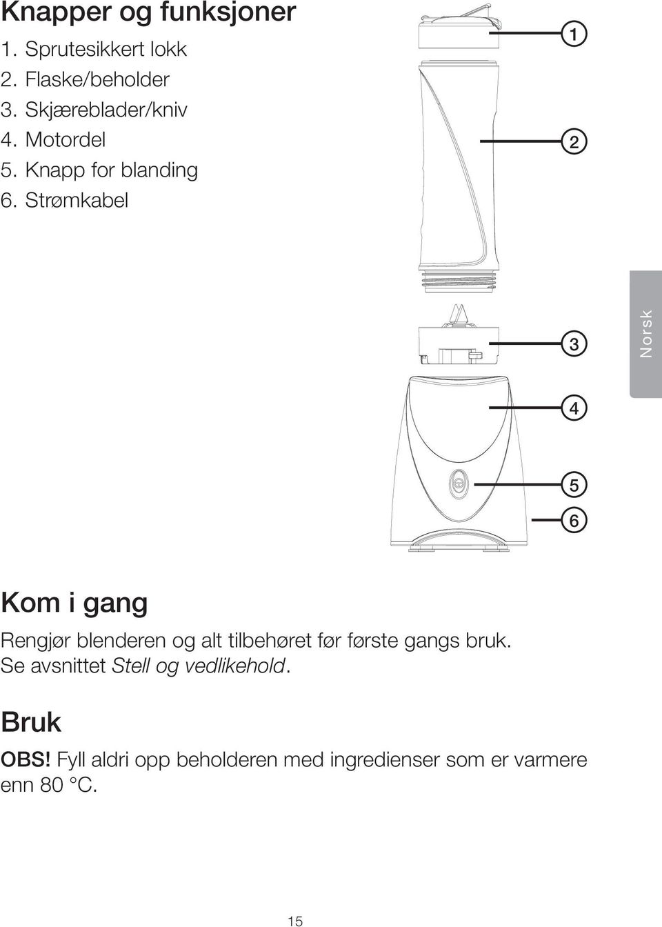 Strømkabel 1 2 3 Norsk 4 5 6 Kom i gang Rengjør blenderen og alt tilbehøret før