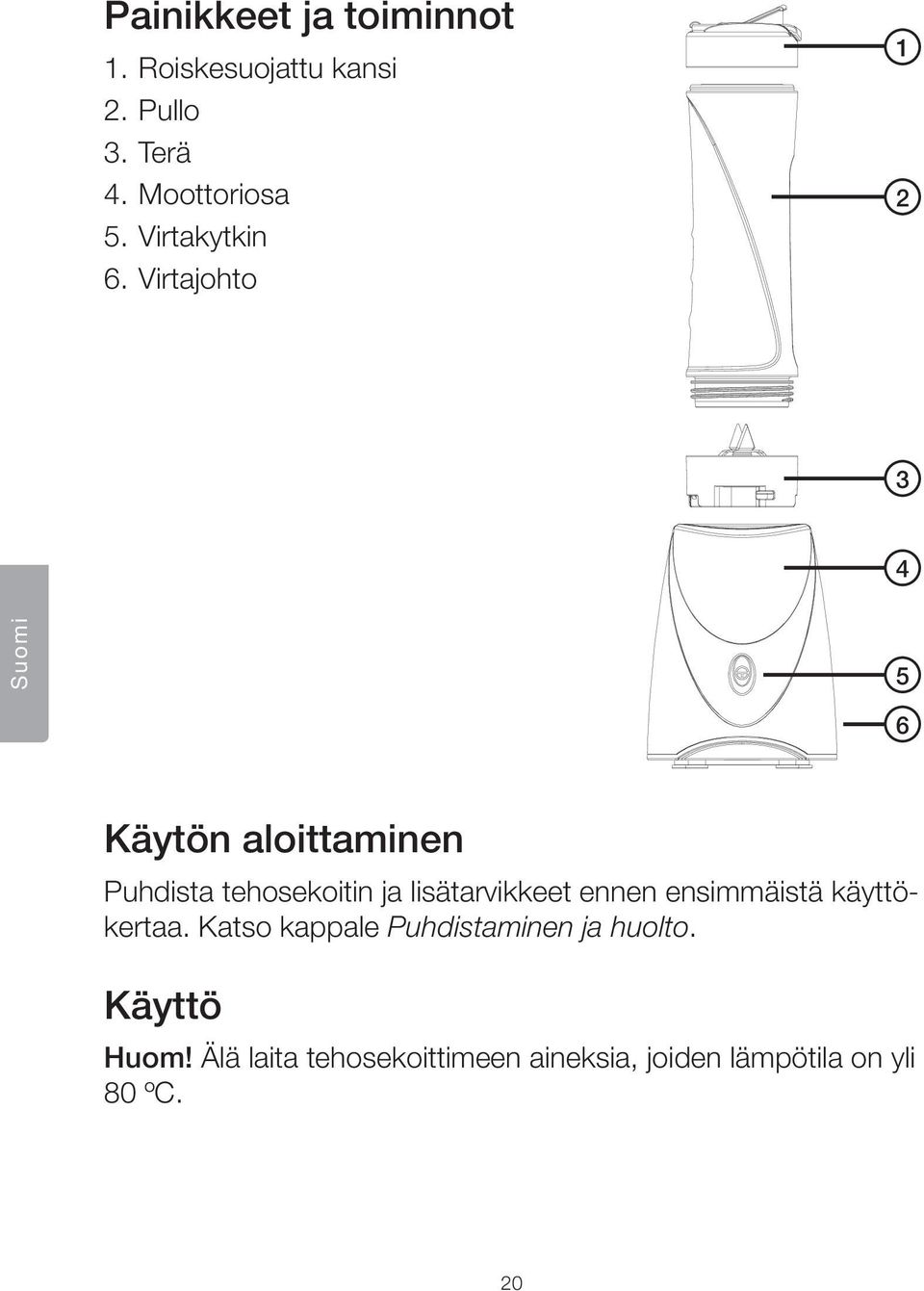 Virtajohto 1 2 3 4 Suomi 5 6 Käytön aloittaminen Puhdista tehosekoitin ja