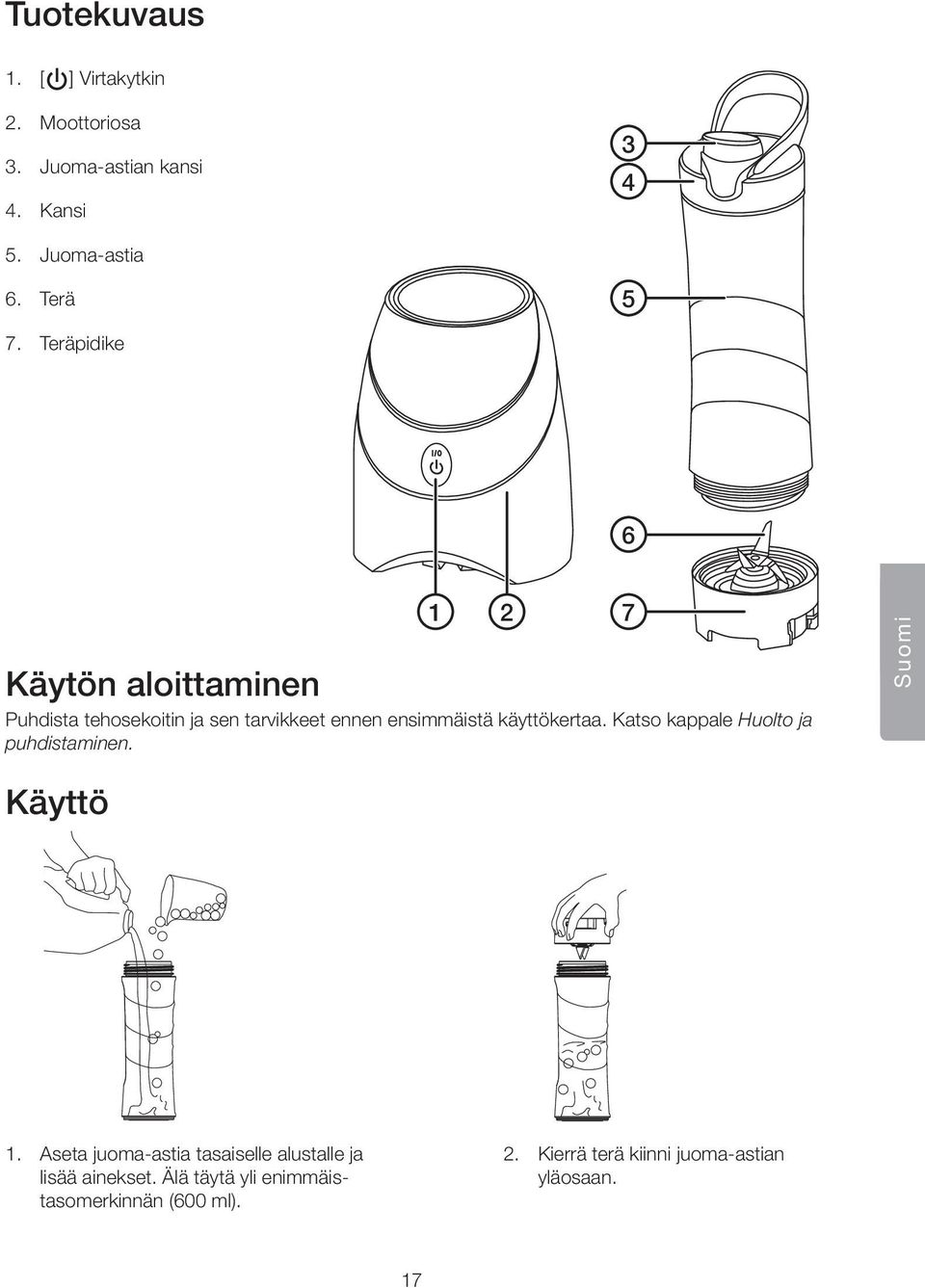 Teräpidike 6 1 2 7 Käytön aloittaminen Puhdista tehosekoitin ja sen tarvikkeet ennen ensimmäistä