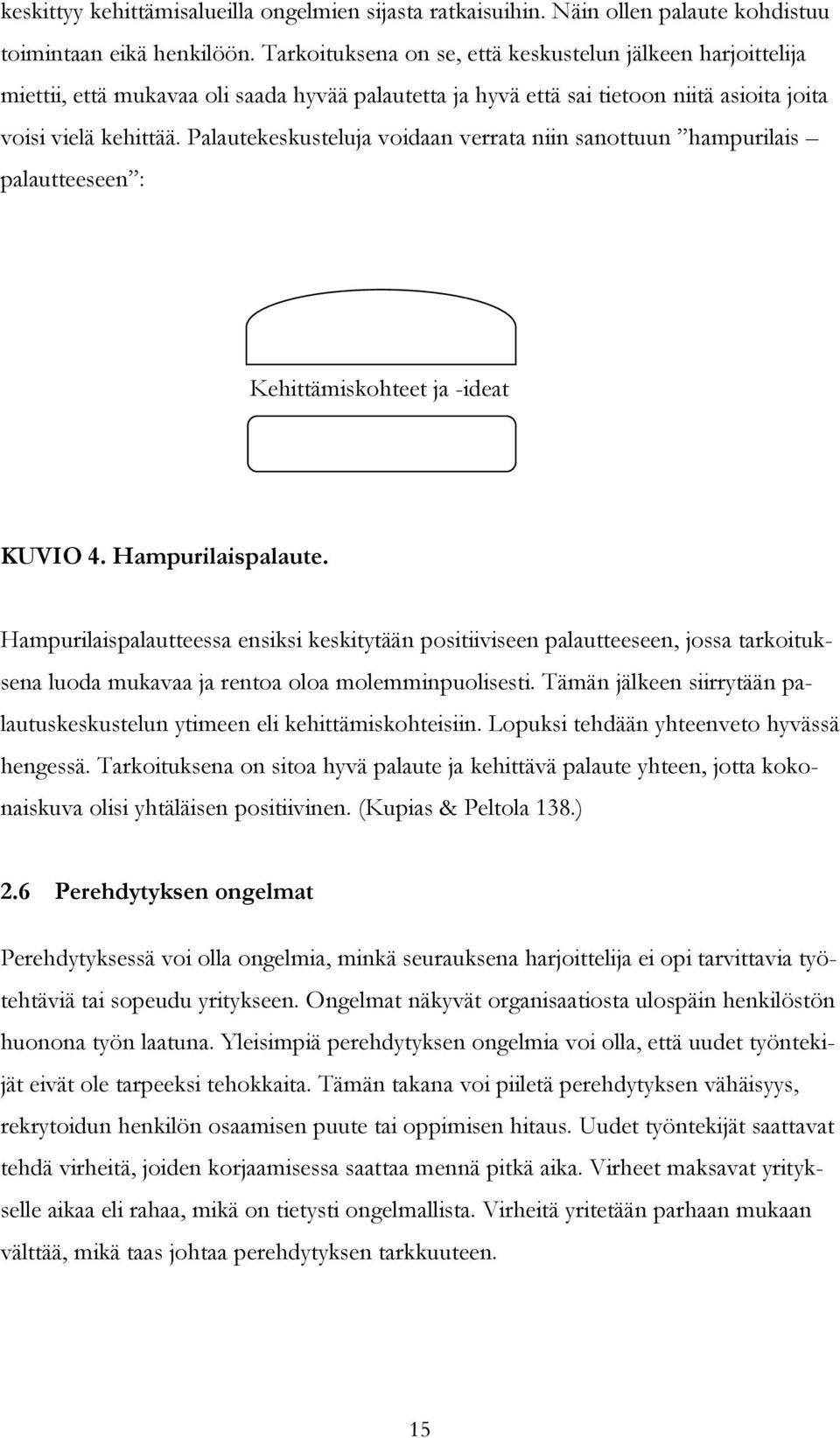 Palautekeskusteluja voidaan verrata niin sanottuun hampurilais palautteeseen : Kehittämiskohteet ja -ideat KUVIO 4. Hampurilaispalaute.