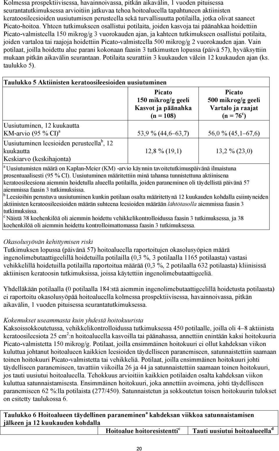 Yhteen tutkimukseen osallistui potilaita, joiden kasvoja tai päänahkaa hoidettiin Picato-valmisteella 150 mikrog/g 3 vuorokauden ajan, ja kahteen tutkimukseen osallistui potilaita, joiden vartaloa