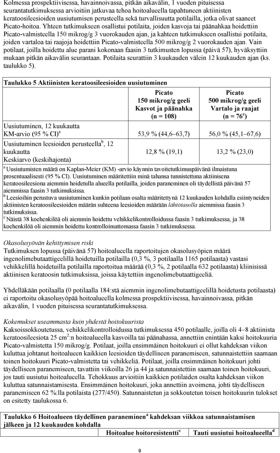 Yhteen tutkimukseen osallistui potilaita, joiden kasvoja tai päänahkaa hoidettiin Picato-valmisteella 150 mikrog/g 3 vuorokauden ajan, ja kahteen tutkimukseen osallistui potilaita, joiden vartaloa