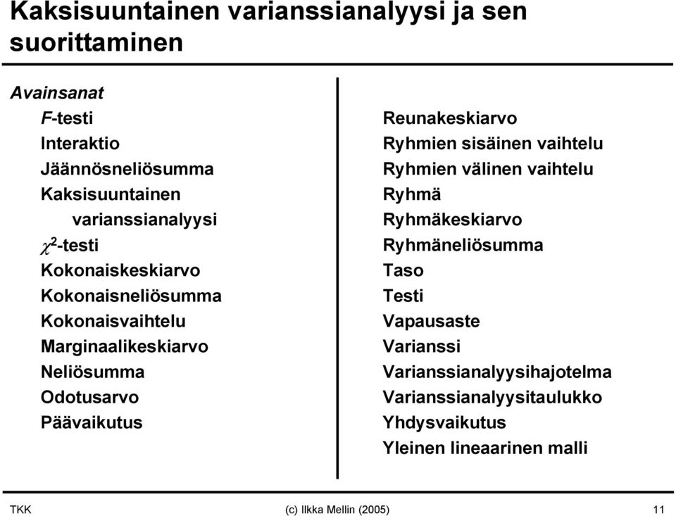 Päävaikutus Reunakeskiarvo Ryhmien sisäinen vaihtelu Ryhmien välinen vaihtelu Ryhmä Ryhmäkeskiarvo Ryhmäneliösumma Taso Testi