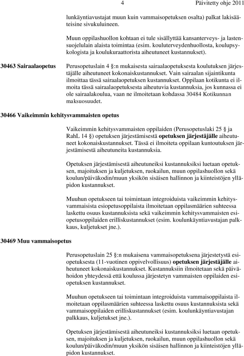 30463 Sairaalaopetus Perusopetuslain 4 :n mukaisesta sairaalaopetuksesta koulutuksen järjestäjälle aiheutuneet kokonaiskustannukset.