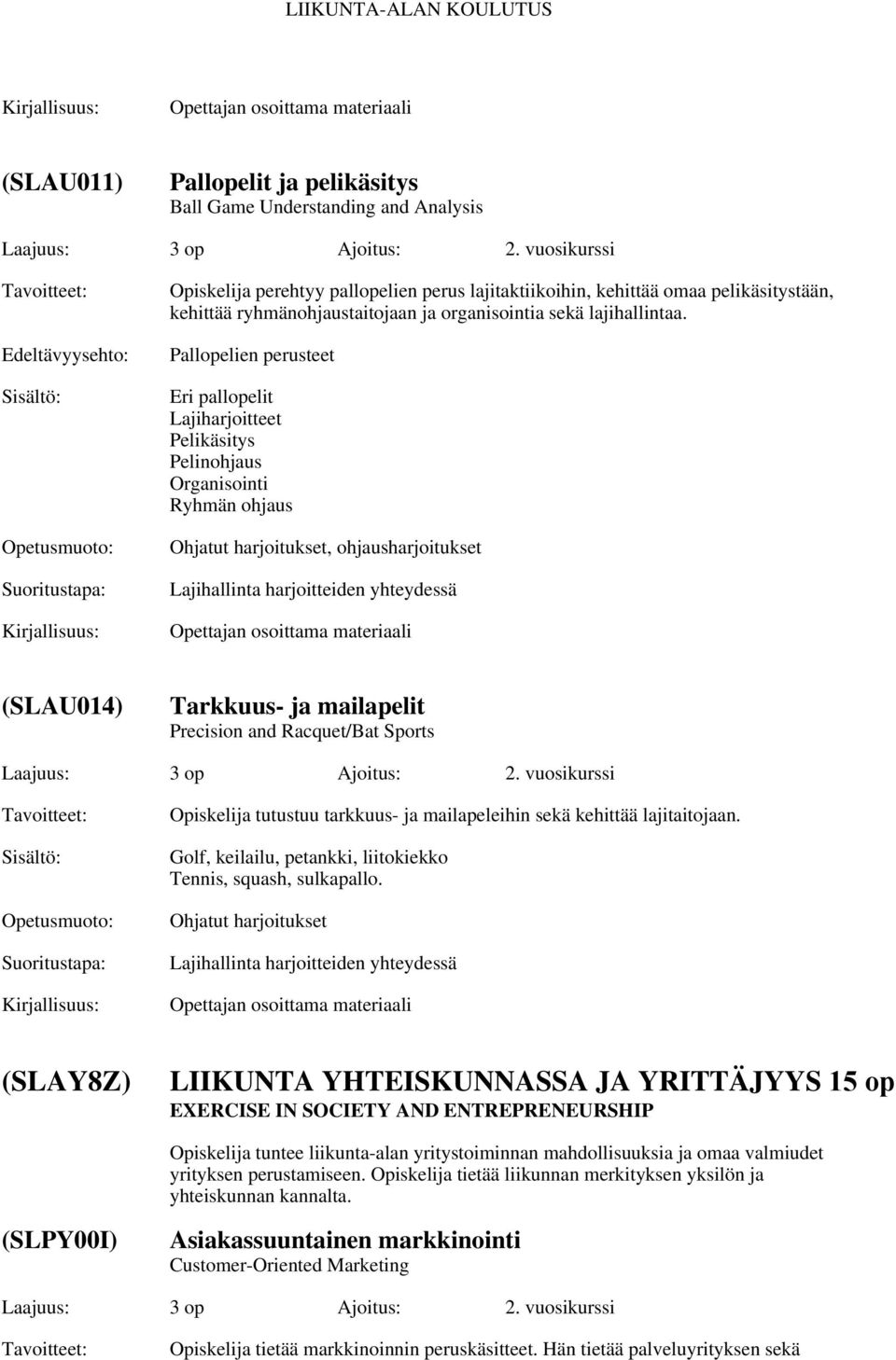 Pallopelien perusteet Eri pallopelit Lajiharjoitteet Pelikäsitys Pelinohjaus Organisointi Ryhmän ohjaus Ohjatut harjoitukset, ohjausharjoitukset Lajihallinta harjoitteiden yhteydessä (SLAU014)