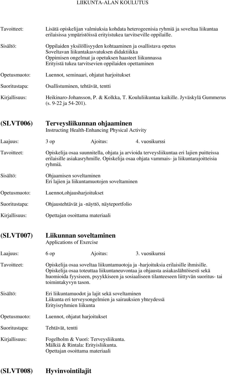 opettaminen Luennot, seminaari, ohjatut harjoitukset Osallistuminen, tehtävät, tentti Heikinaro-Johansson, P. & Kolkka, T. Koululiikuntaa kaikille. Jyväskylä Gummerus (s. 9-22 ja 54-201).