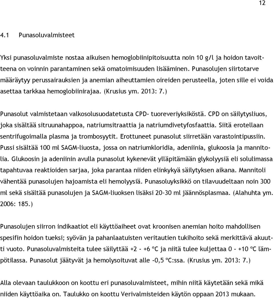 ) Punasolut valmistetaan valkosolusuodatetusta CPD- tuoreveriyksiköstä. CPD on säilytysliuos, joka sisältää sitruunahappoa, natriumsitraattia ja natriumdivetyfosfaattia.