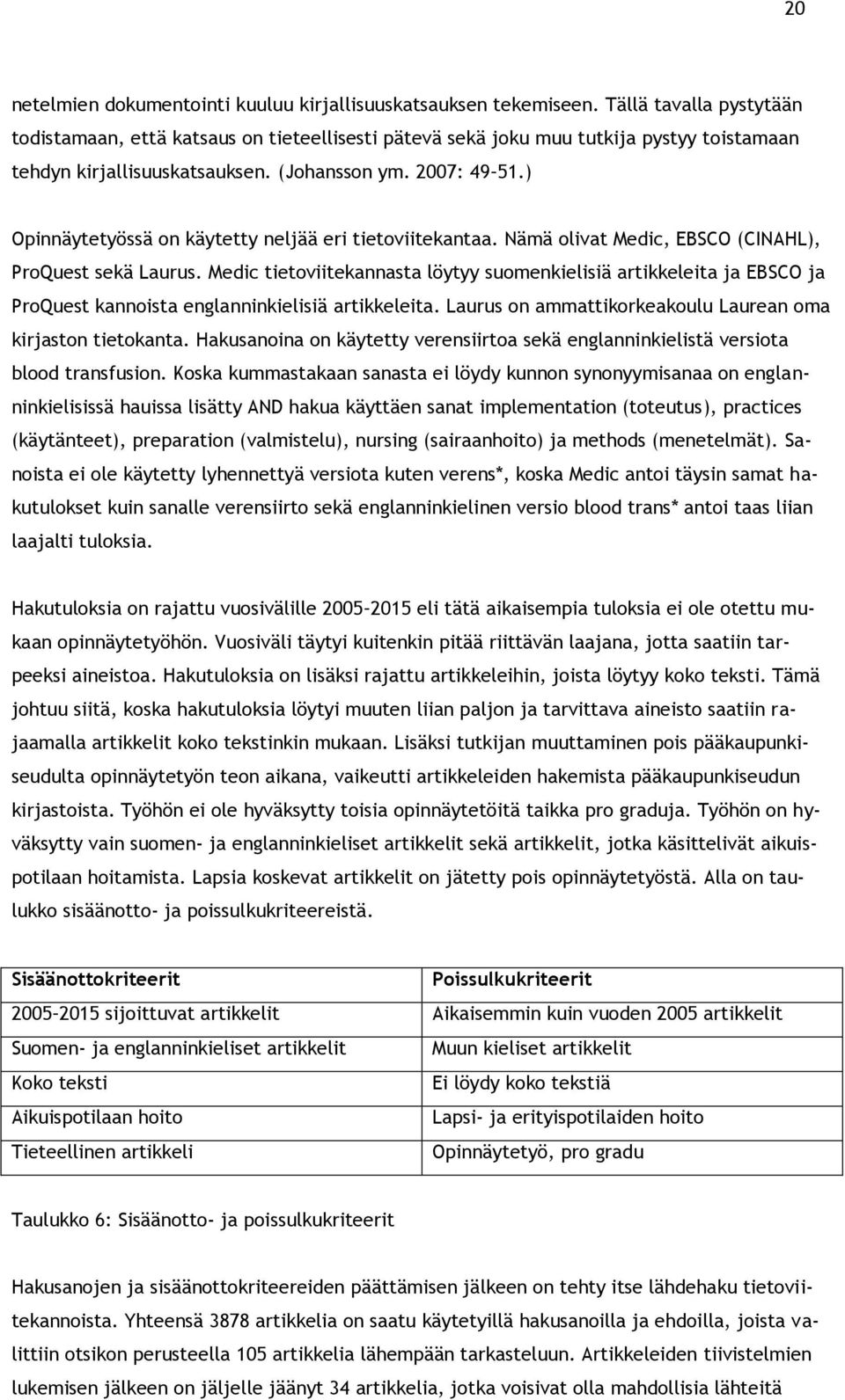 ) Opinnäytetyössä on käytetty neljää eri tietoviitekantaa. Nämä olivat Medic, EBSCO (CINAHL), ProQuest sekä Laurus.