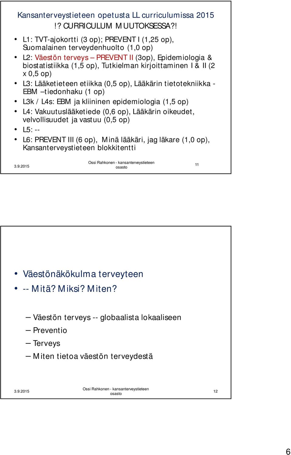 kirjoittaminen I & II (2 x 0,5 op) L3: Lääketieteen etiikka (0,5 op), Lääkärin tietotekniikka - EBM tiedonhaku (1 op) L3k / L4s: EBM ja kliininen epidemiologia (1,5 op) L4: