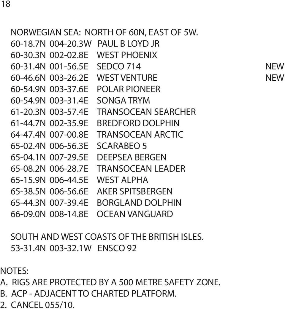 3E SCARABEO 5 65-04.1N 007-29.5E DEEPSEA BERGEN 65-08.2N 006-28.7E TRANSOCEAN LEADER 65-15.9N 006-44.5E WEST ALPHA 65-38.5N 006-56.6E AKER SPITSBERGEN 65-44.3N 007-39.4E BORGLAND DOLPHIN 66-09.