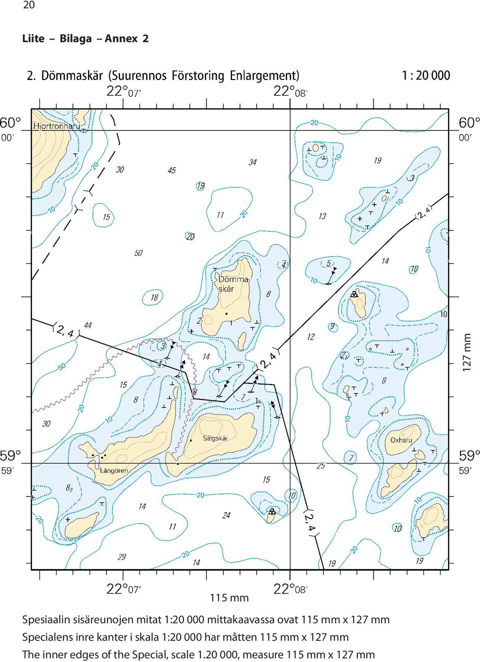 inre kanter i skala 1:20 000 har måtten 115 mm x 127 mm The
