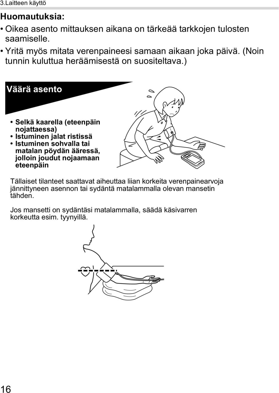 ) Väärä asento Selkä kaarella (eteenpäin nojattaessa) Istuminen jalat ristissä Istuminen sohvalla tai matalan pöydän ääressä, jolloin joudut nojaamaan